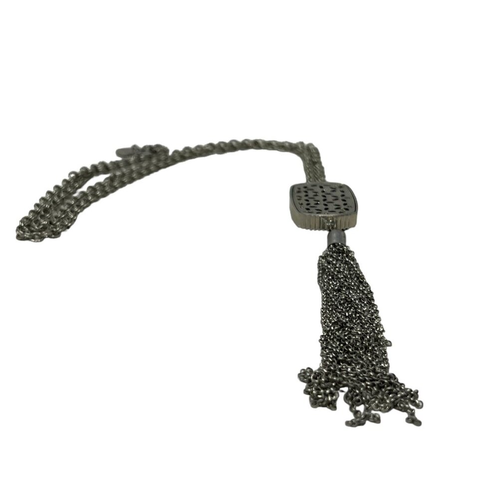 Tassel Necklace Silver‎ Tone Black Acrylic Station Boho 35 inch